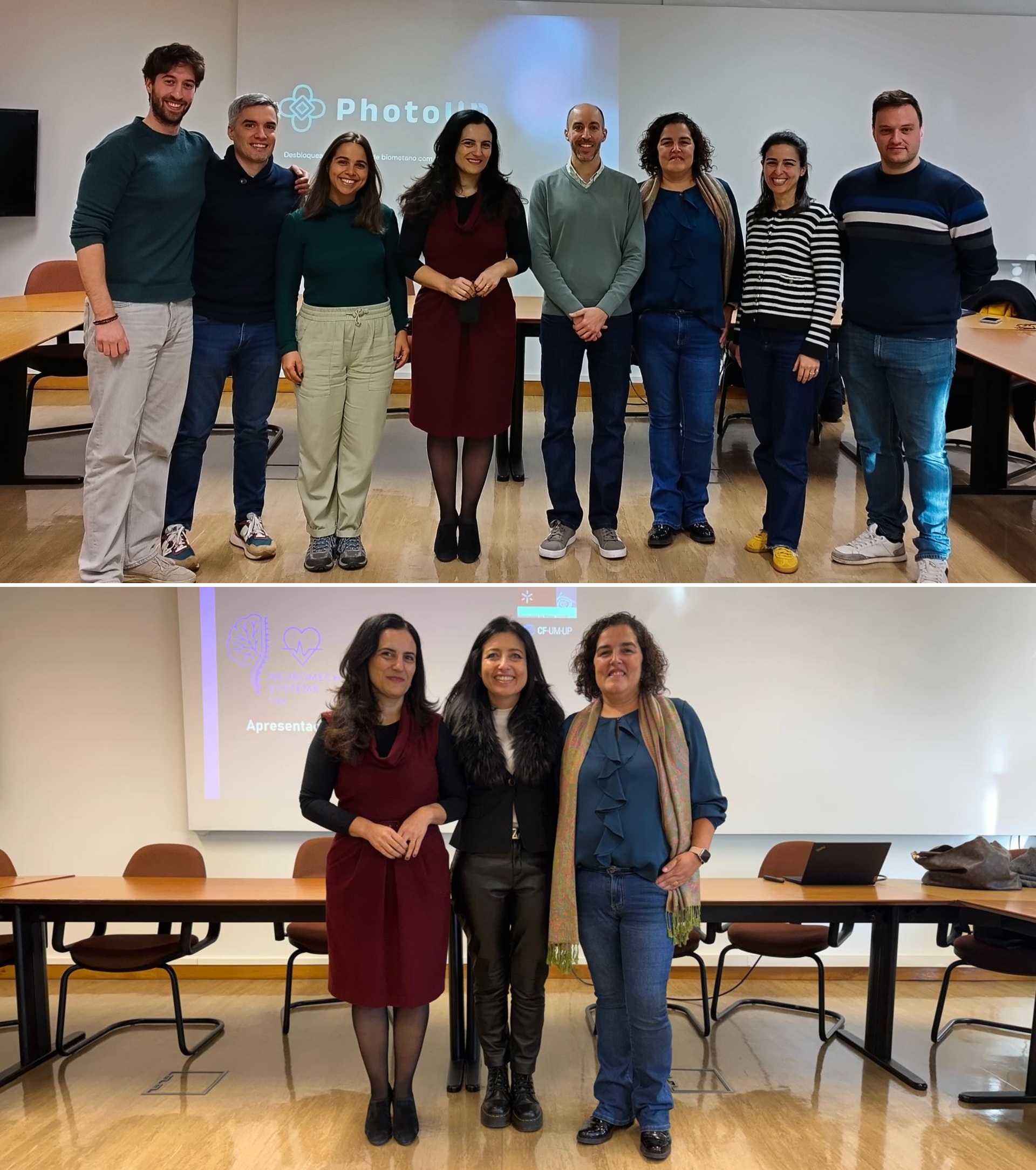 Membros da PhotoUP (em cima) e NeuroMech Systems (em baixo) com Sandra Paiva (vice-reitora) e Clara Silva (TecMinho)