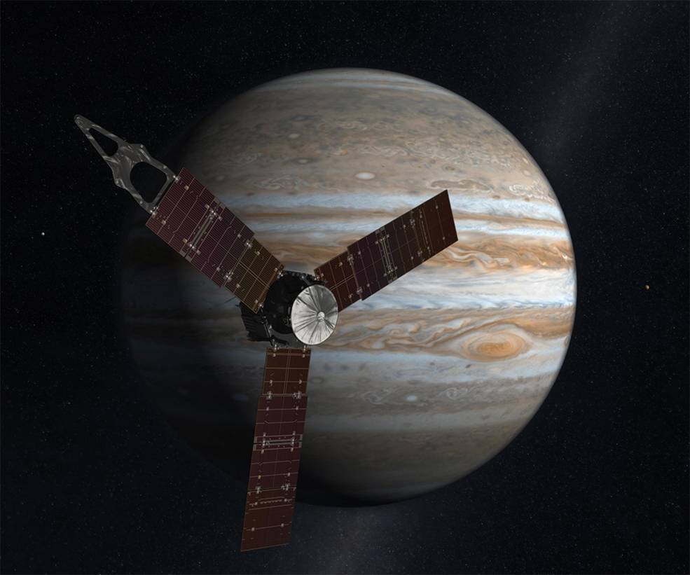 Representação artística da sonda Juno em Júpiter