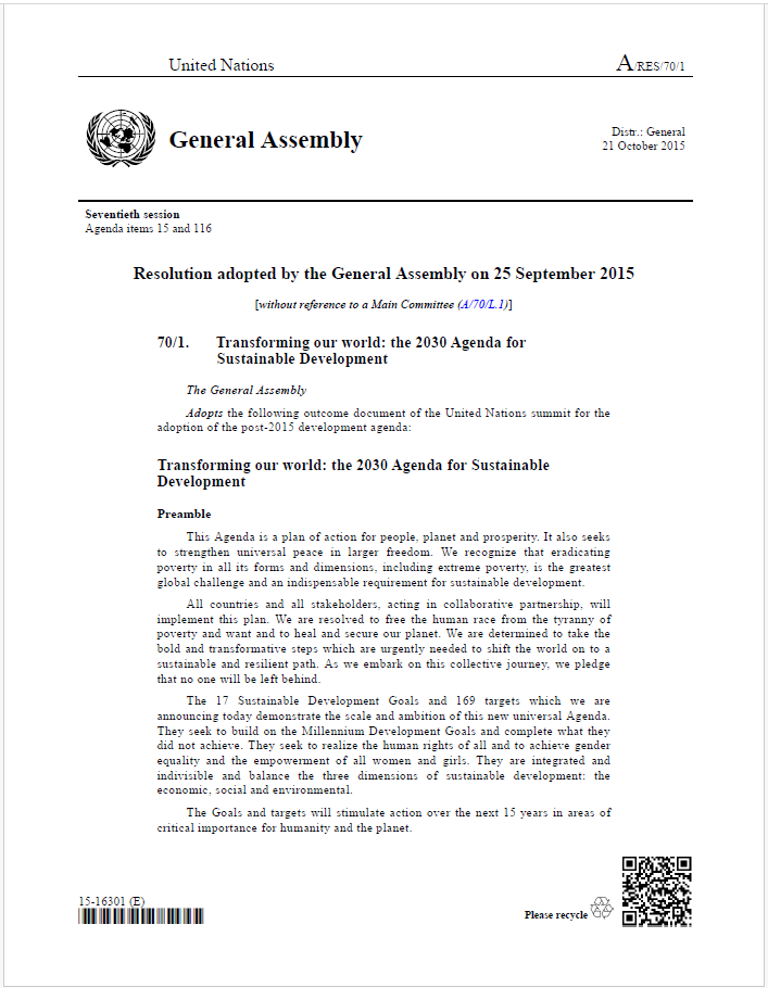 Documento relativo aos Objetivos de Desenvolvimento Sustentável.